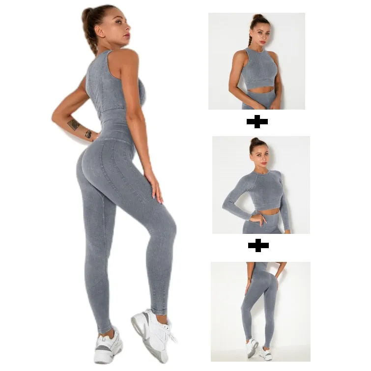 1/2/3 Pieces Gym Set Women Fitness Bra Active Wear Long Sleeve Crop Top Sports Leggings Yoga Sets Womens Outfits Workout Clothes