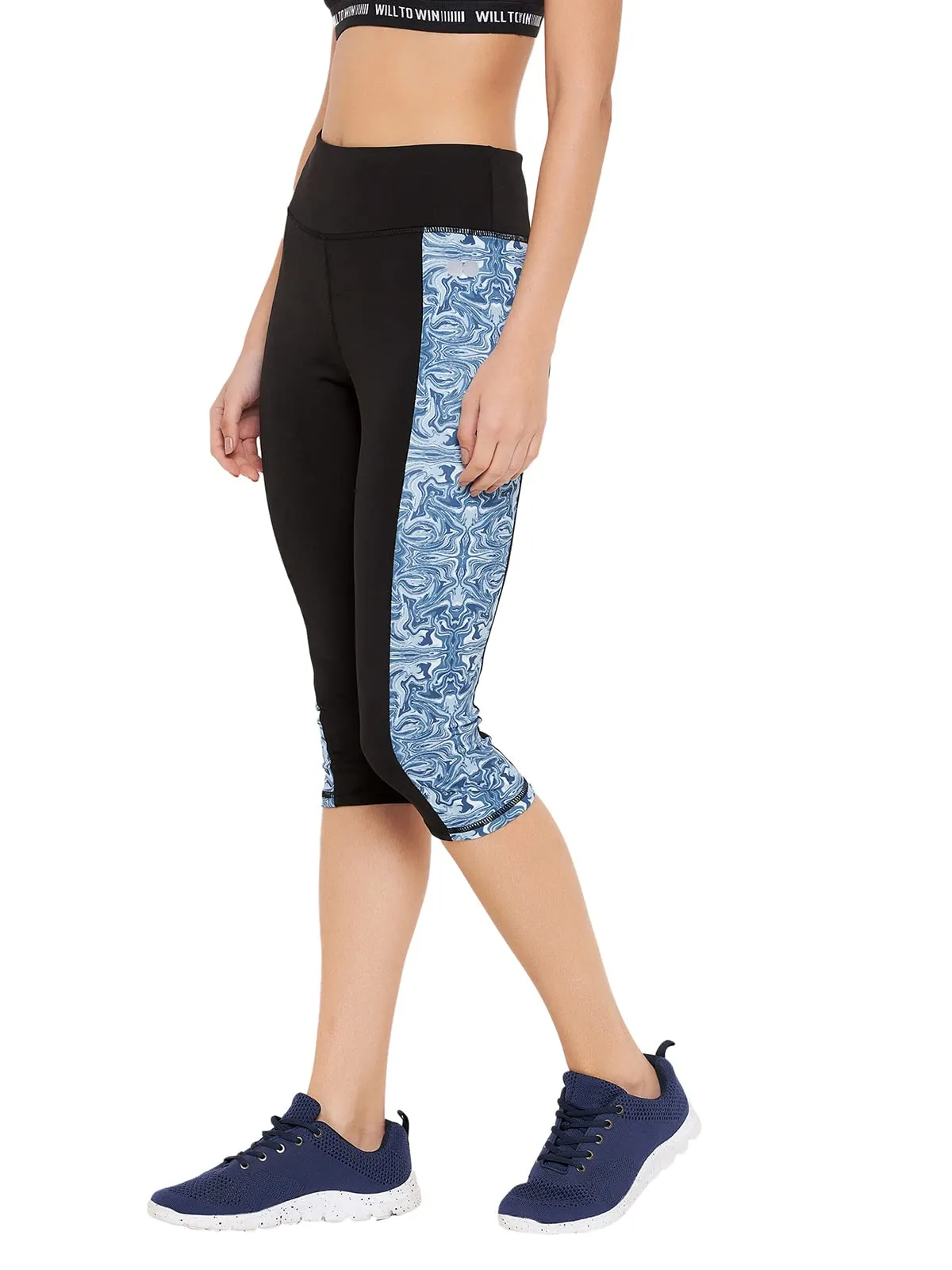 Clovia Women's Snug Fit High-Rise Active Capri with Marble Print Panels (AB0094A13_Black_M)