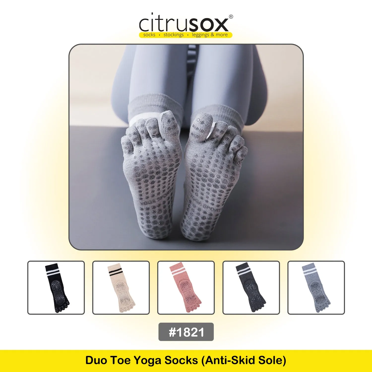 Grip Sole Duo Stripe Yoga Mid-Calf Toe Socks