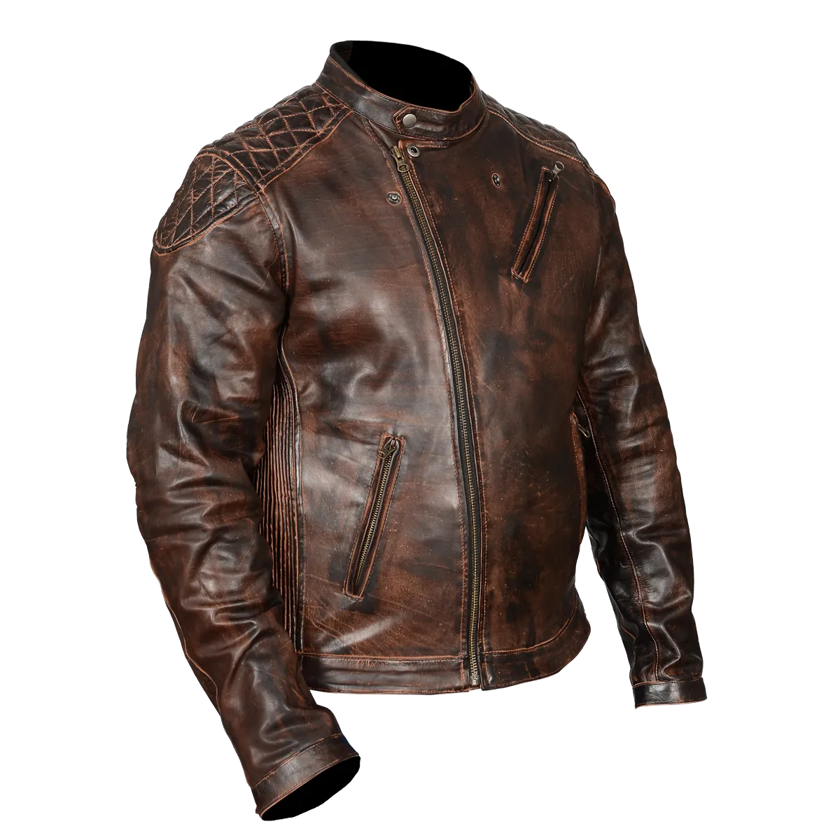 HMM521VB High Mileage Men's Vintage Brown Leather Jacket with Diamond Stitched Shoulders