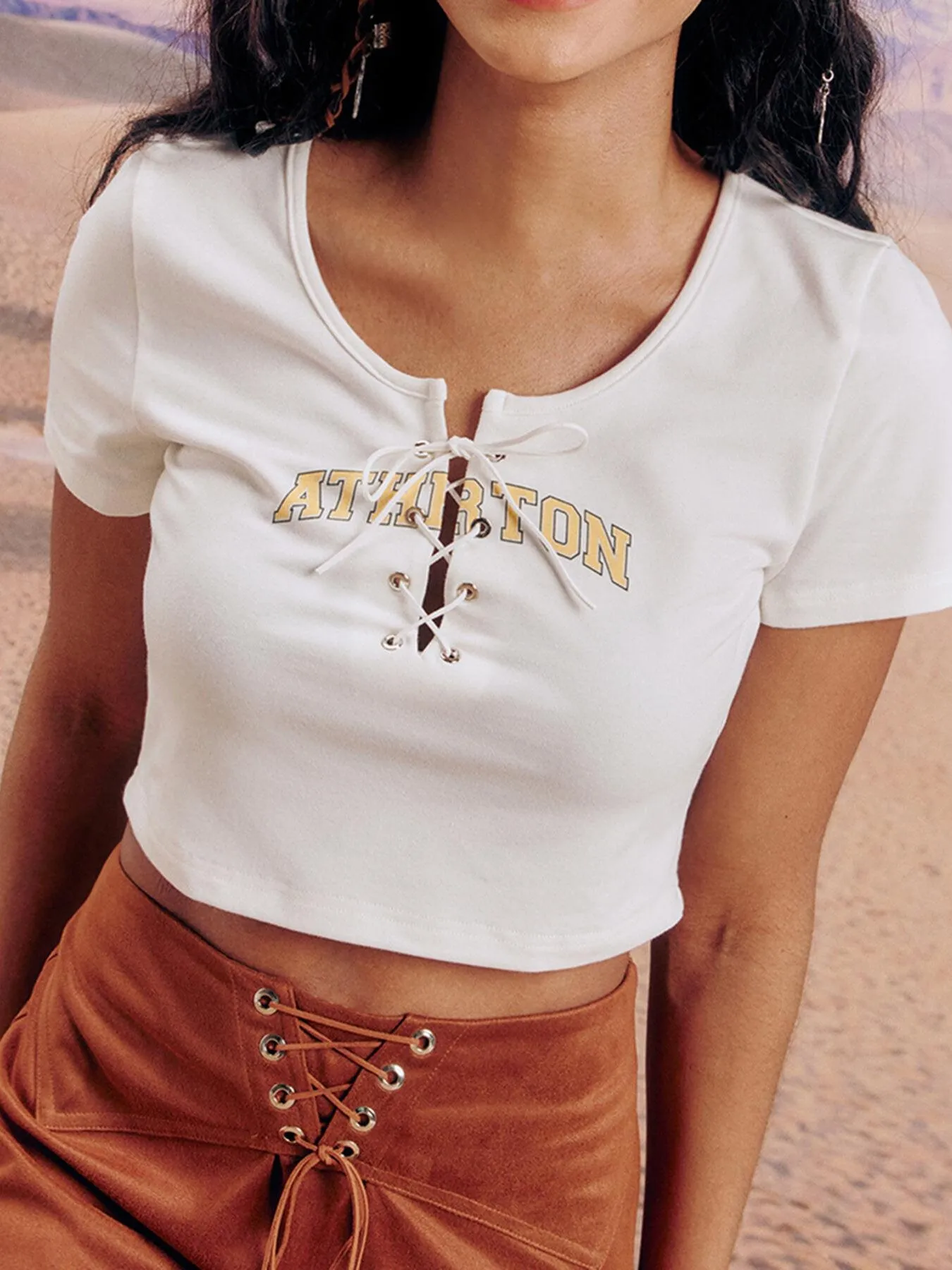 Letter Print Lace Up Crop Top