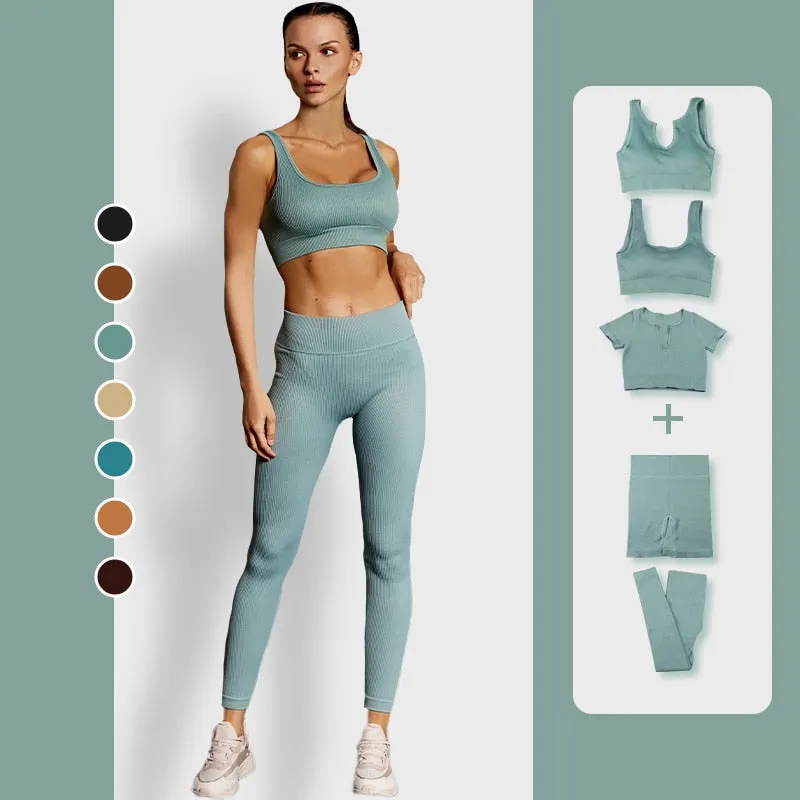 Seamless Yoga Set 2/3/4 Piece Gym Set Women Ribbed Crop Top Shorts Suits Fitness Sports Bra Leggings Running Outfits Tracksuit v1