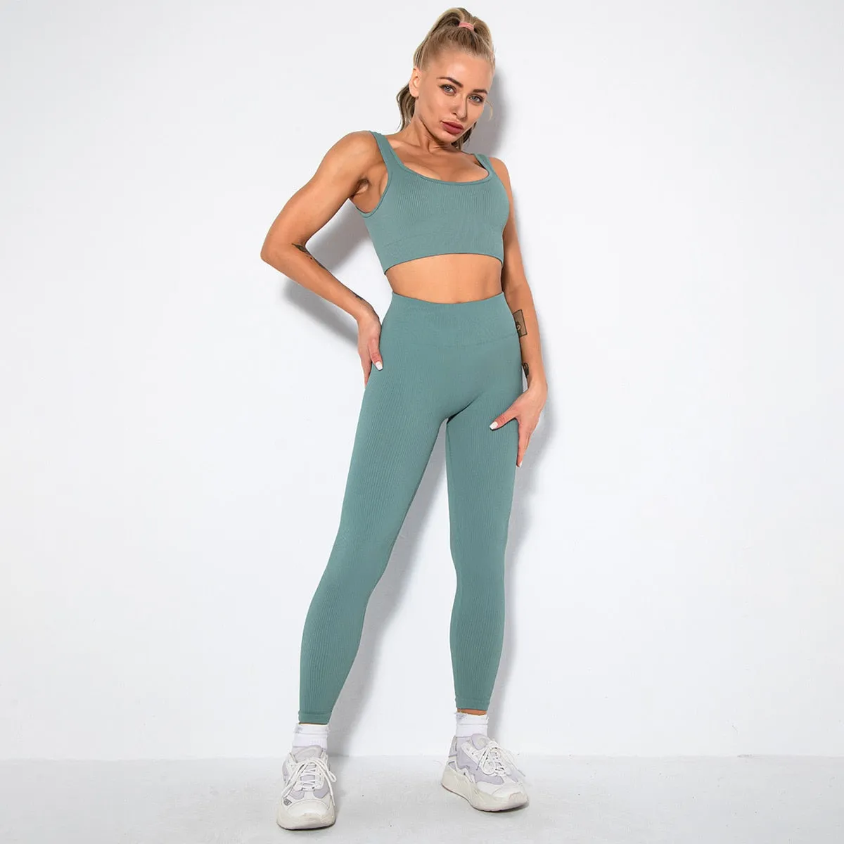 Seamless Yoga Set 2/3/4 Piece Gym Set Women Ribbed Crop Top Shorts Suits Fitness Sports Bra Leggings Running Outfits Tracksuit v1