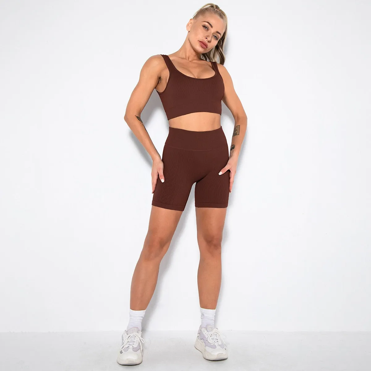 Seamless Yoga Set 2/3/4 Piece Gym Set Women Ribbed Crop Top Shorts Suits Fitness Sports Bra Leggings Running Outfits Tracksuit v1