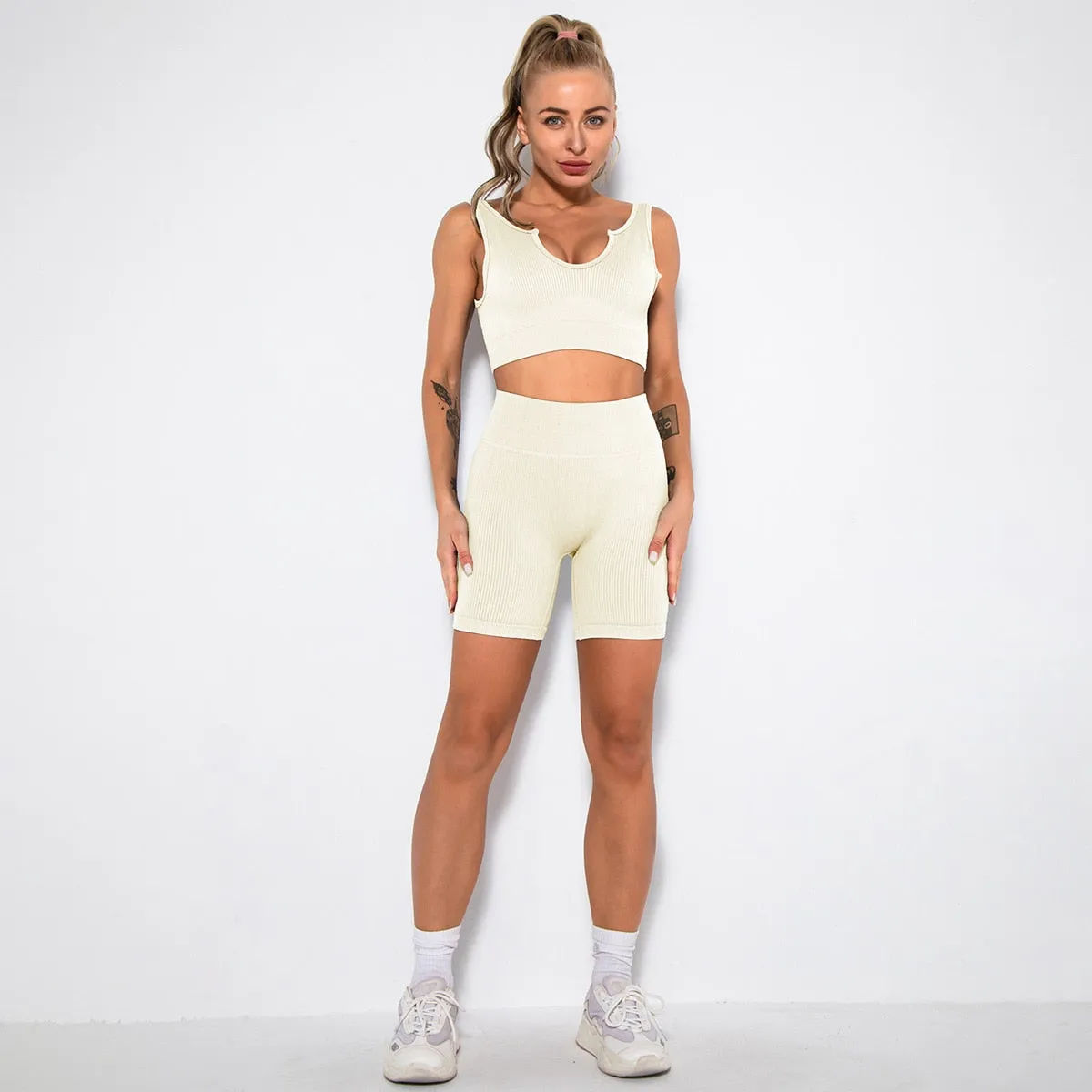 Seamless Yoga Set 2/3/4 Piece Gym Set Women Ribbed Crop Top Shorts Suits Fitness Sports Bra Leggings Running Outfits Tracksuit v1