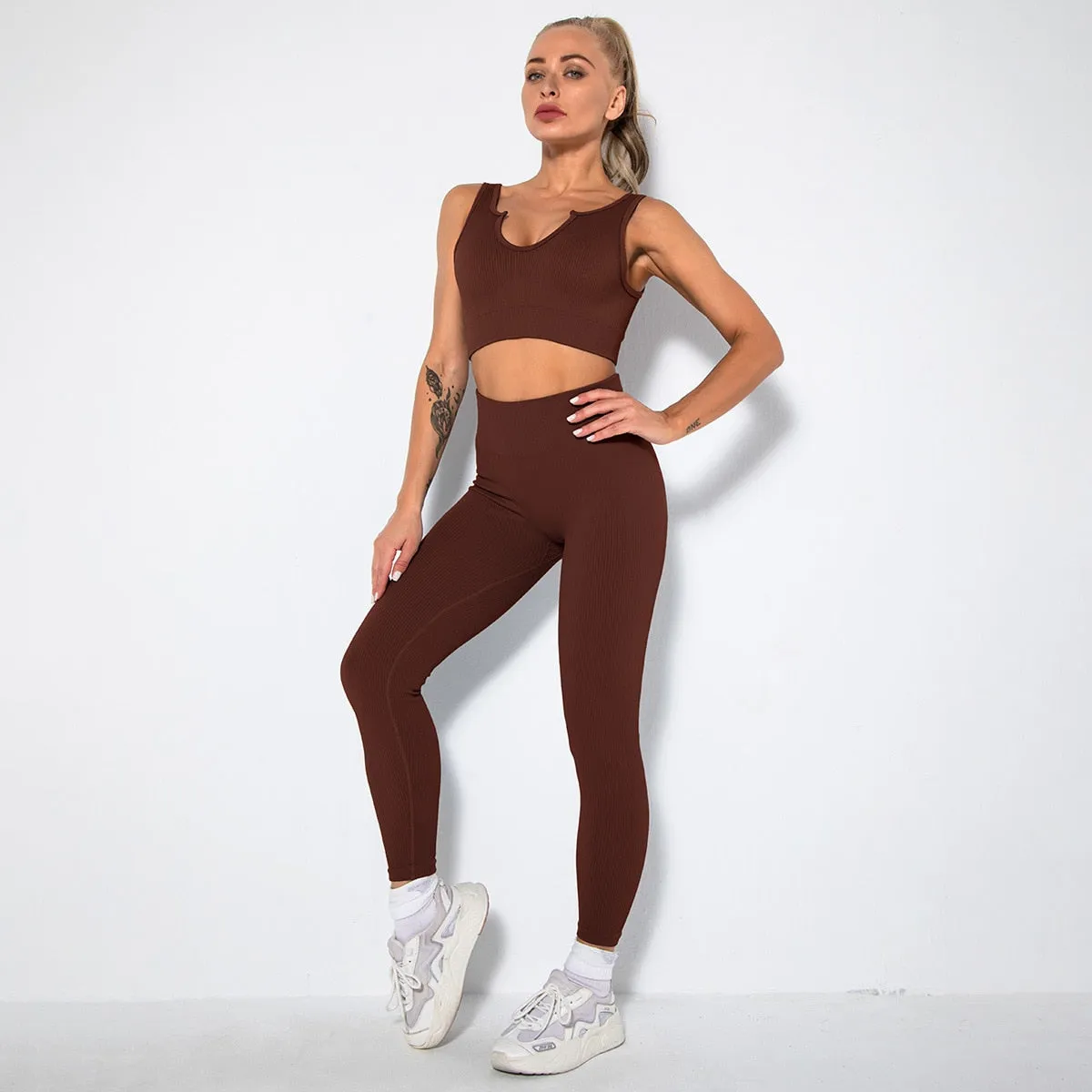 Seamless Yoga Set 2/3/4 Piece Gym Set Women Ribbed Crop Top Shorts Suits Fitness Sports Bra Leggings Running Outfits Tracksuit v1