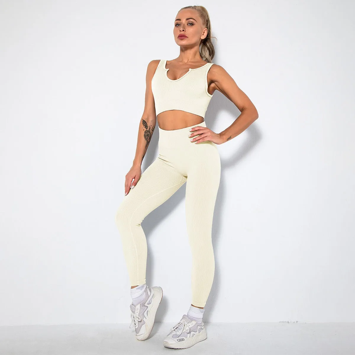 Seamless Yoga Set 2/3/4 Piece Gym Set Women Ribbed Crop Top Shorts Suits Fitness Sports Bra Leggings Running Outfits Tracksuit v1