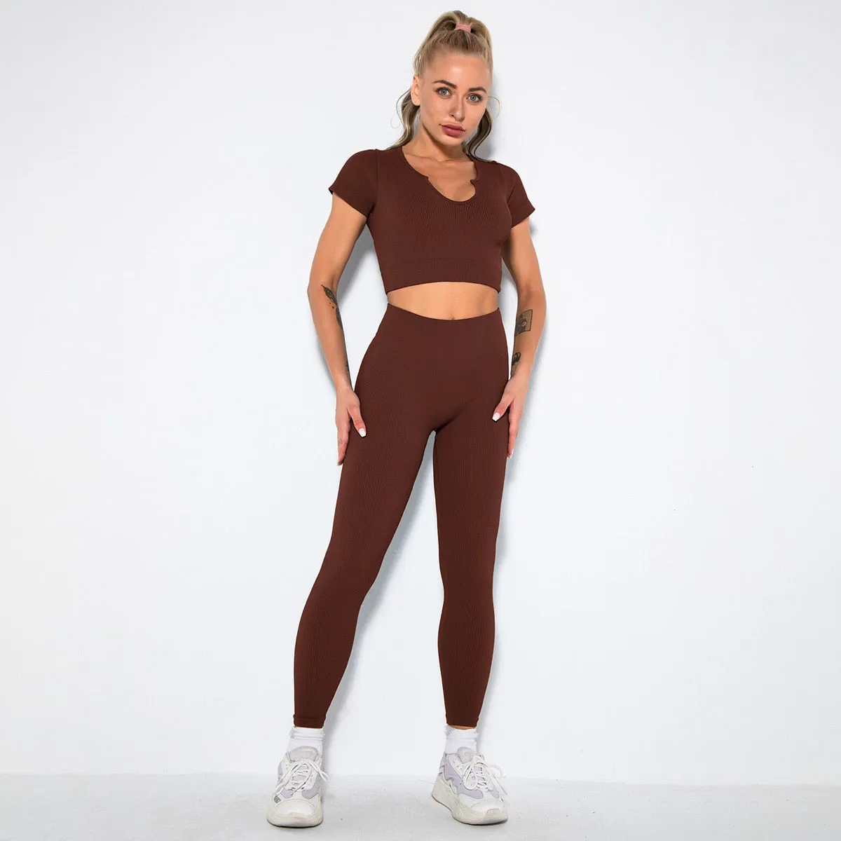 Seamless Yoga Set 2/3/4 Piece Gym Set Women Ribbed Crop Top Shorts Suits Fitness Sports Bra Leggings Running Outfits Tracksuit v1