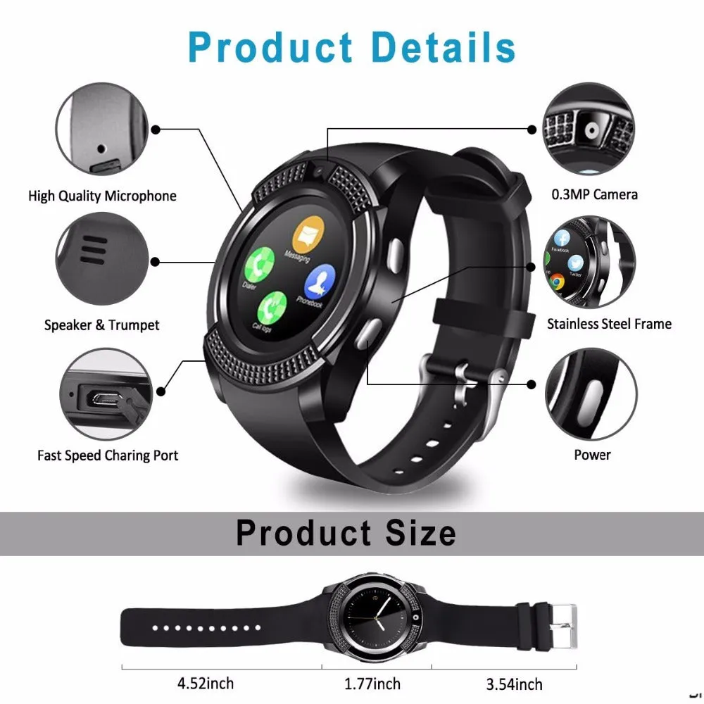 Smart Watch V8 Men Bluetooth Sport Watches Women Ladies Rel gio Smartwatch with Camera Sim Card Slot Android Phone