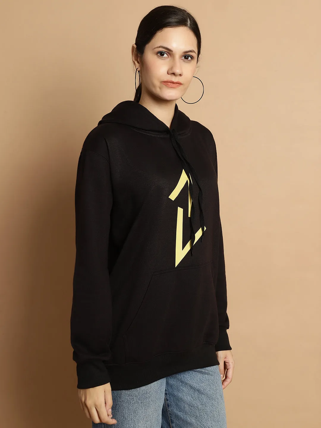 Vimal Jonney Black Printed Hooded Cotton Fleece Sweatshirt for Women