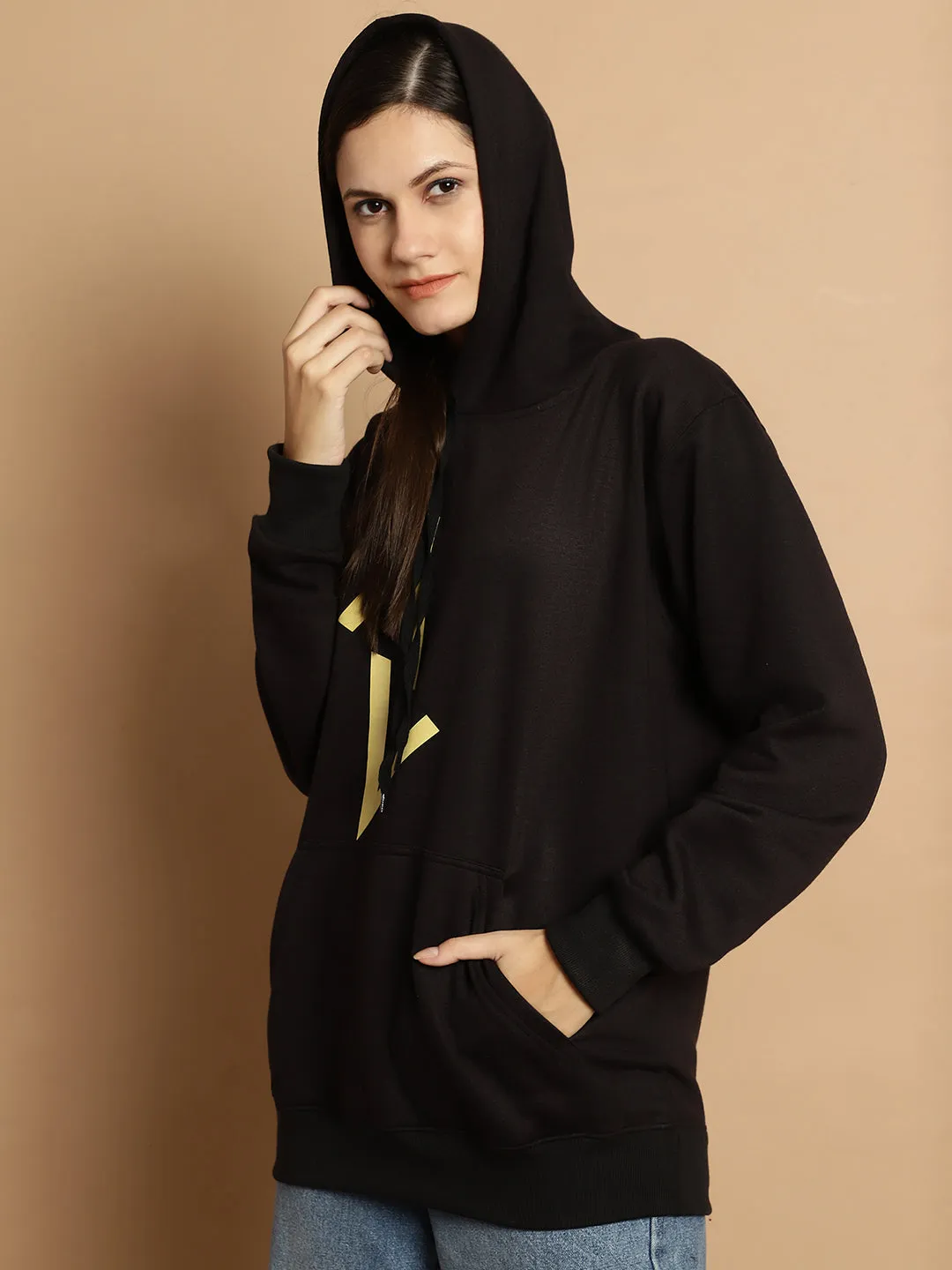 Vimal Jonney Black Printed Hooded Cotton Fleece Sweatshirt for Women