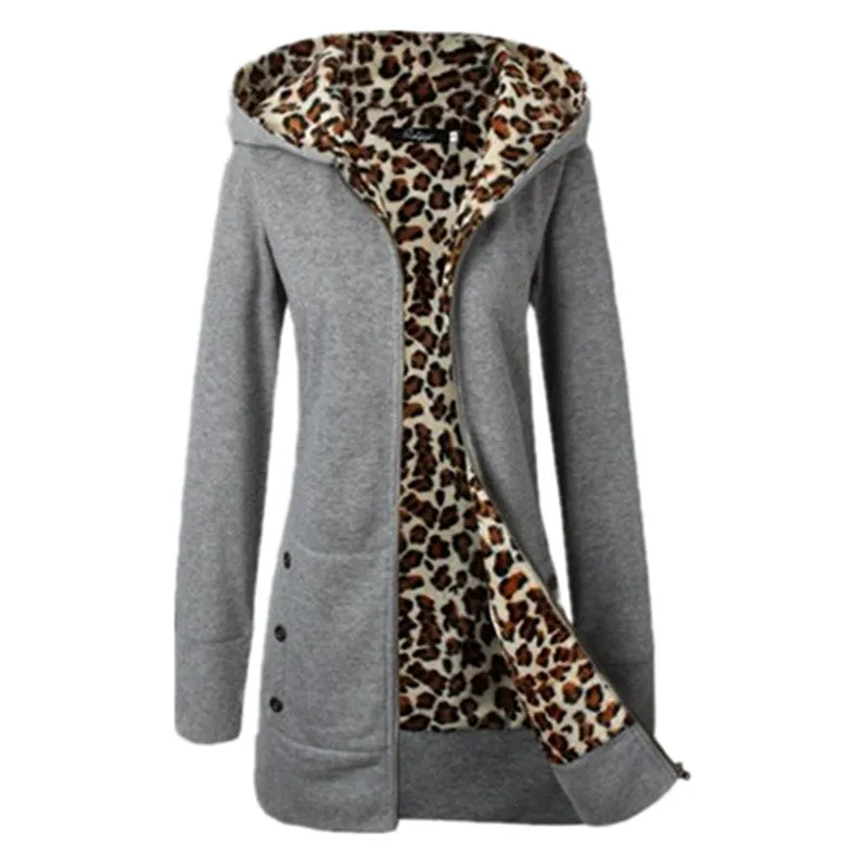 Winter Warm Fashion Women Lady Long Sleeve Hoodies Sweatshirt Slim Fit Leopard Coat Jacket Outerwear