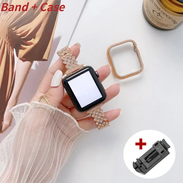 Woman Metal Premium Steel for Apple Watch band case Series 6 5 4 Luxury Diamond Bracelet iWatch 38mm 40mm 41mm 42mm 44mm 45mm Wristband