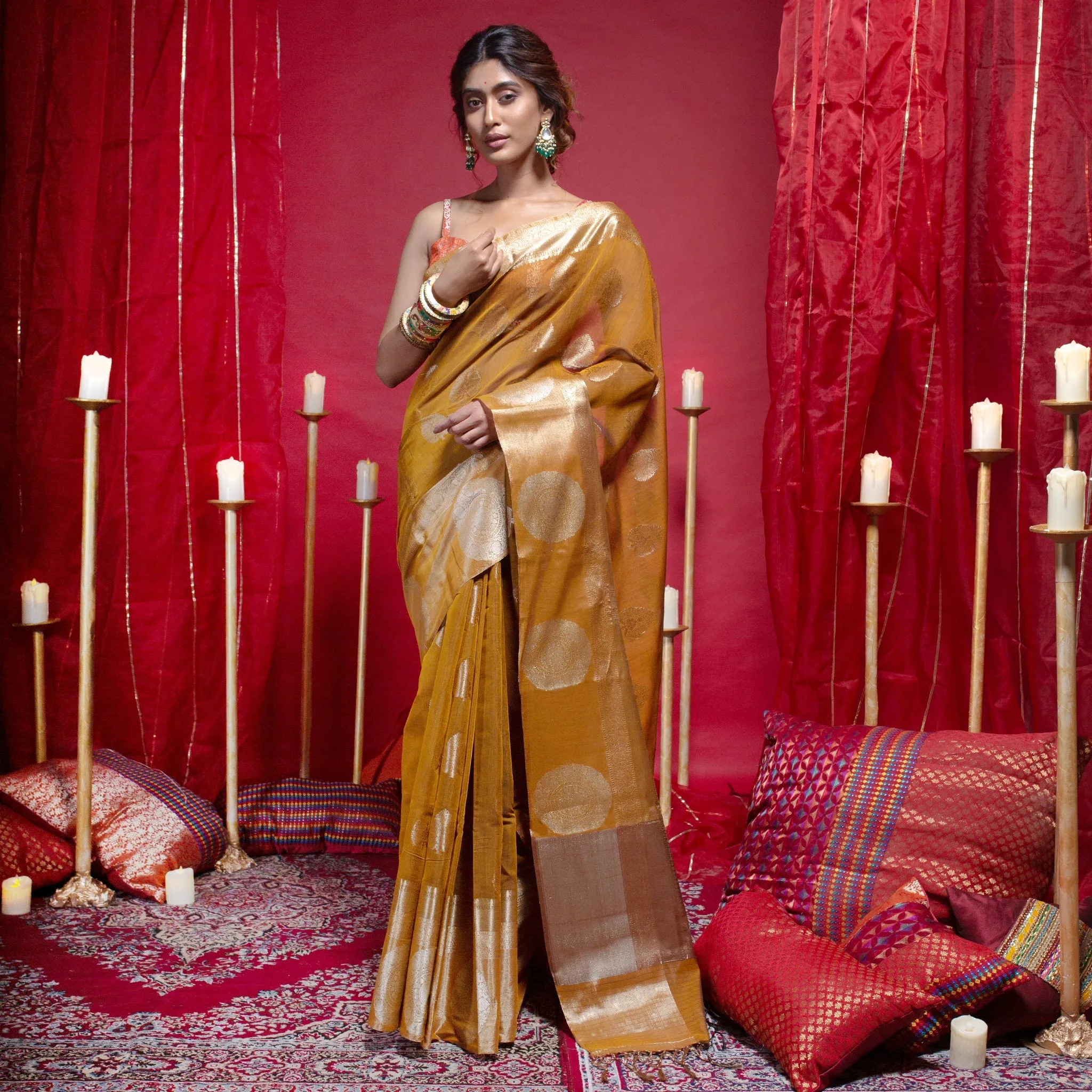 Women Banarasi Kora Cotton Saree In Mustard Yellow Color With Zari Motifs And Chakra Border