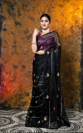 Women Black Embroidered Organza Saree With Gota Work