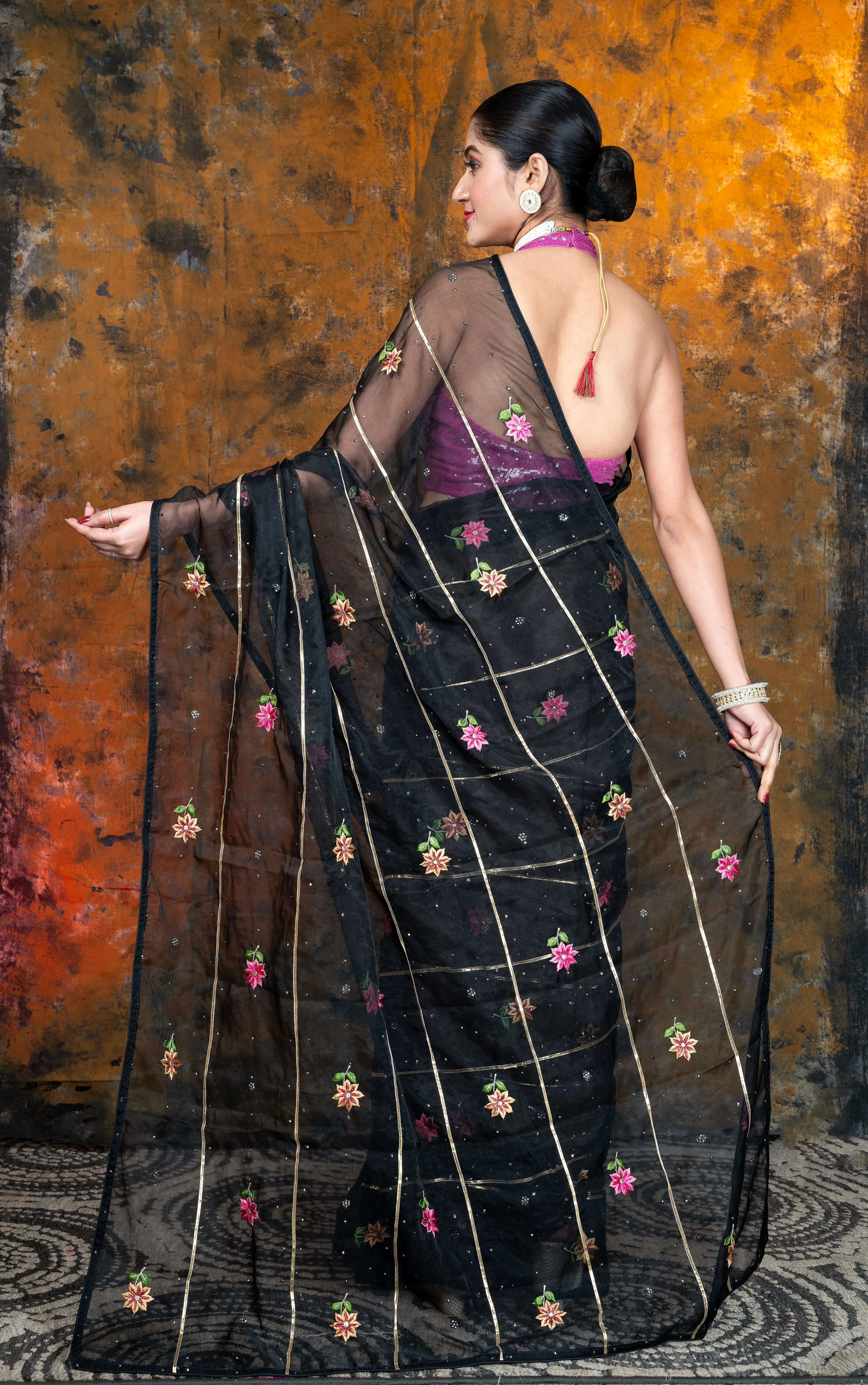 Women Black Embroidered Organza Saree With Gota Work