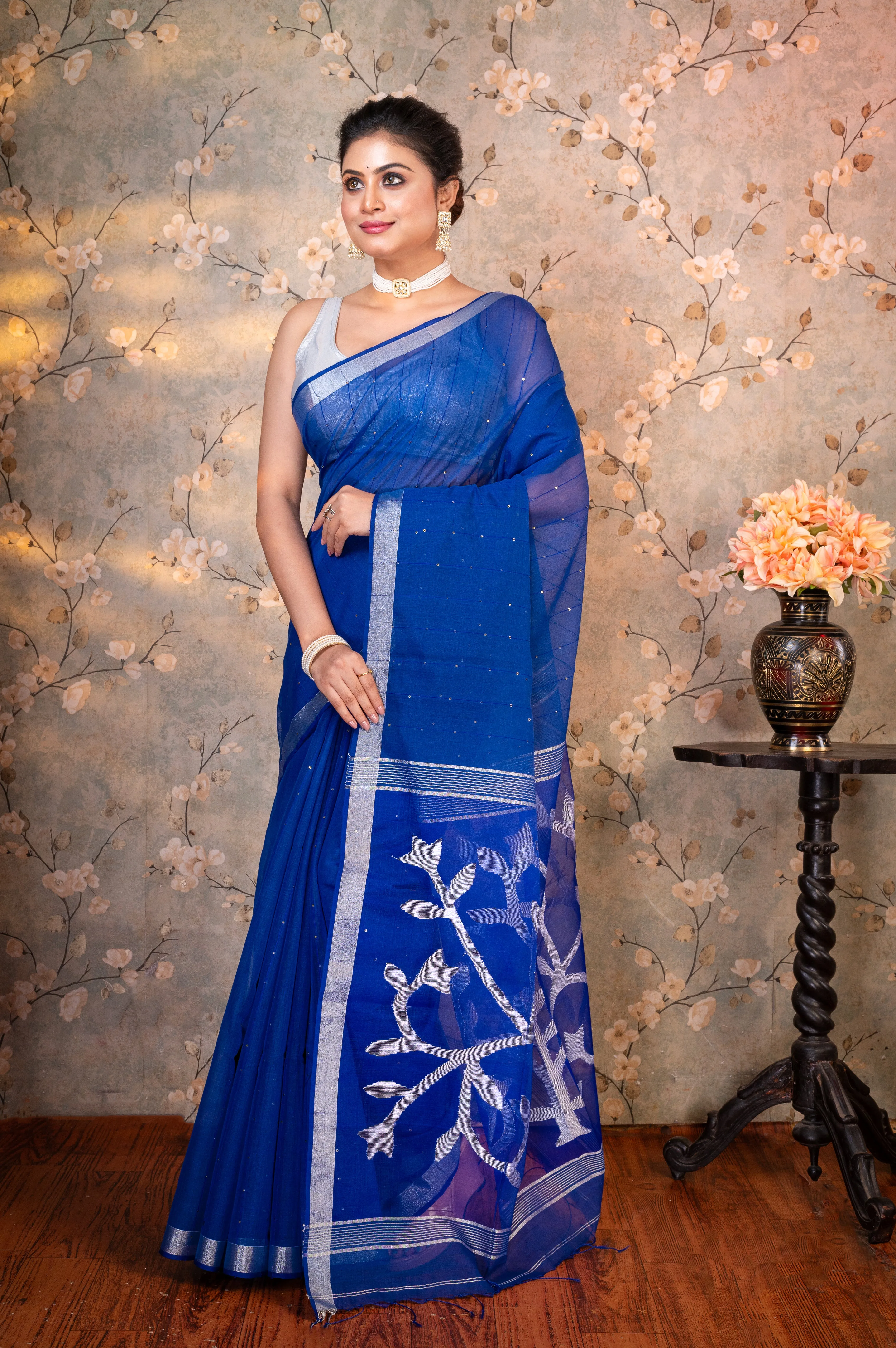 Women Blue Pure Matka Muslin Saree With Silver Floral Motifs