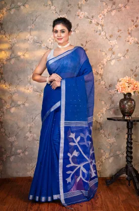 Women Blue Pure Matka Muslin Saree With Silver Floral Motifs