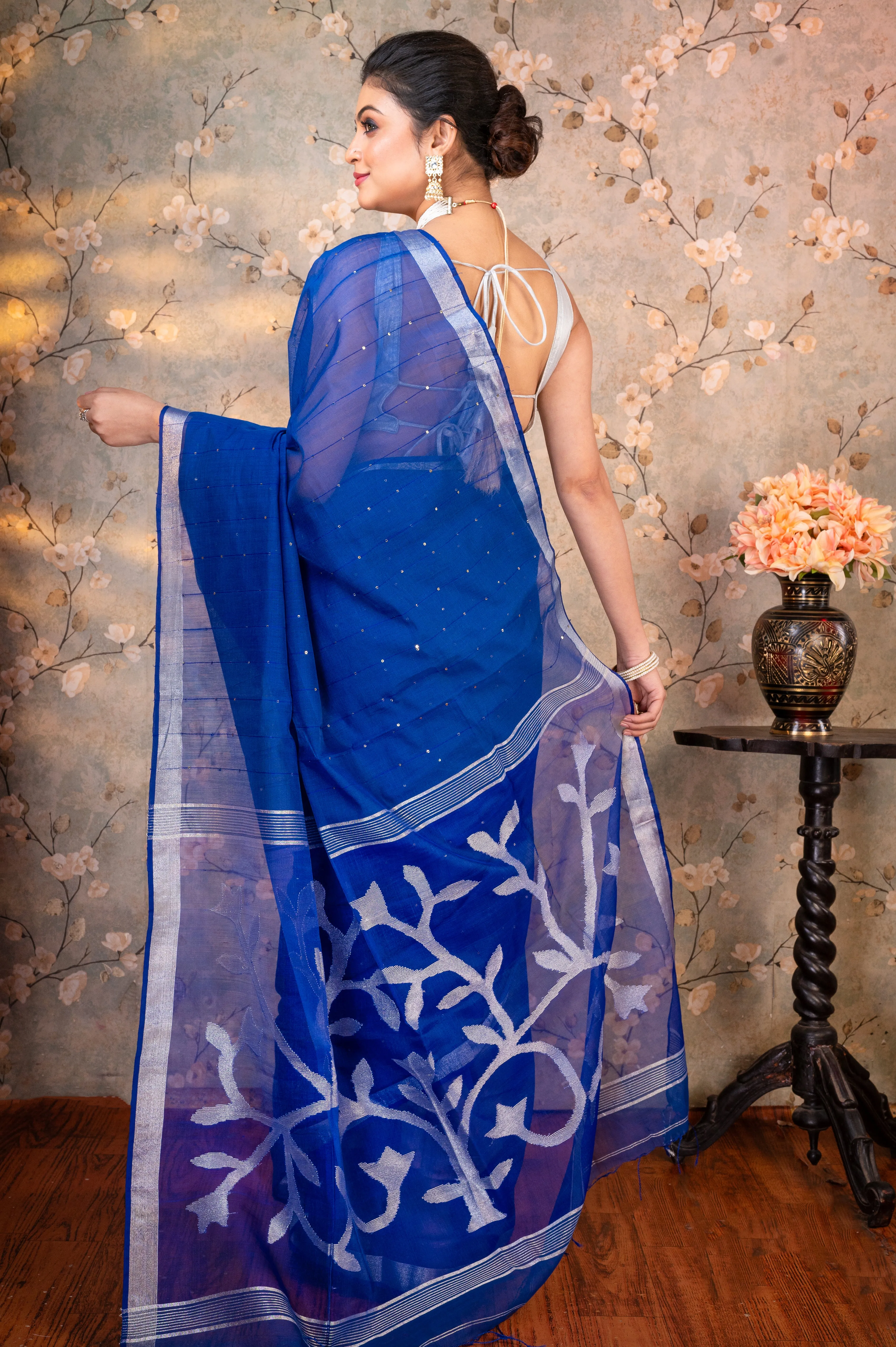 Women Blue Pure Matka Muslin Saree With Silver Floral Motifs