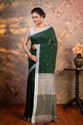 Women Bottle Green Pure Handloom Cotton Saree With Multicolor Booti