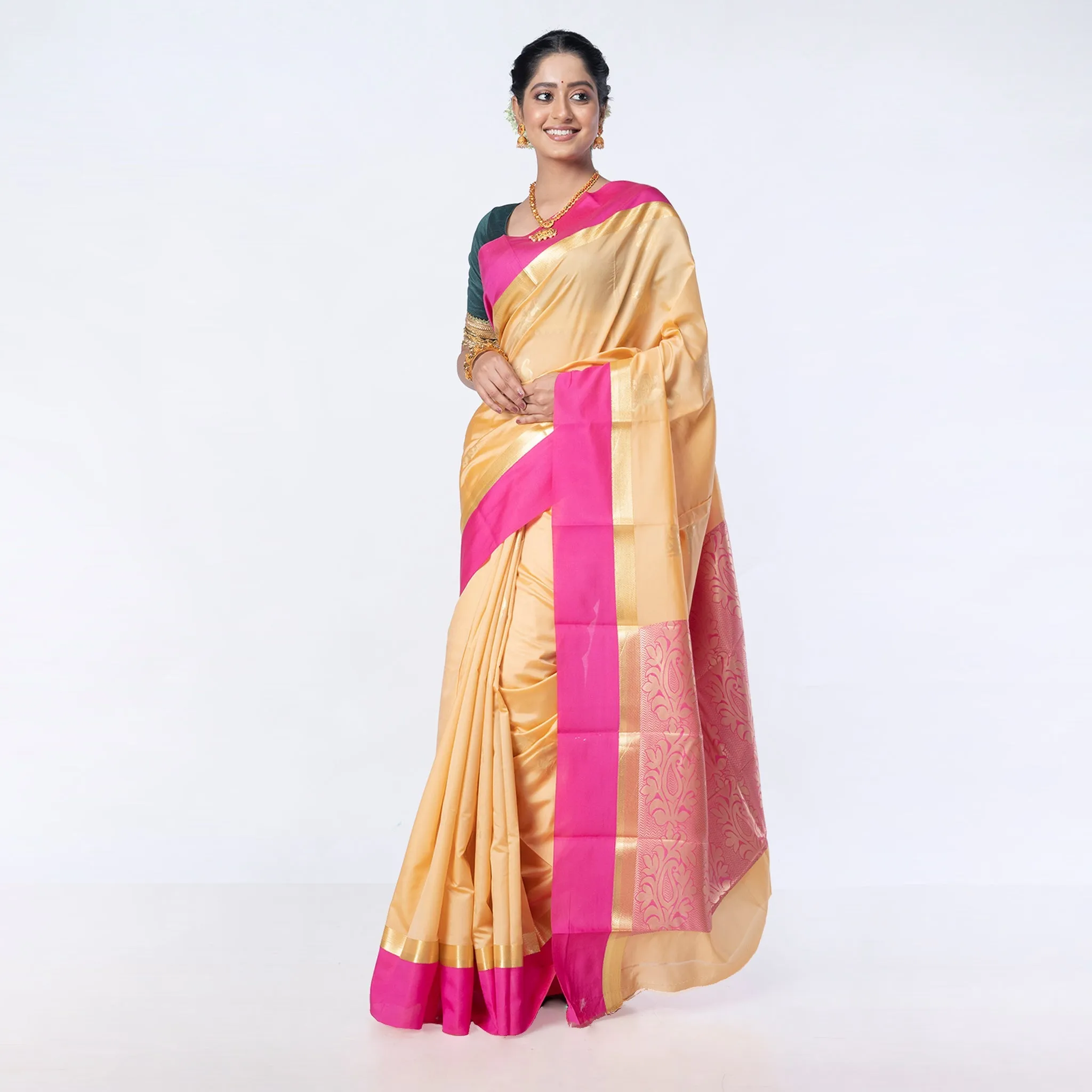 Women Kanjivaram Saree In Beige Color With Contravention Border And Zari Motifs