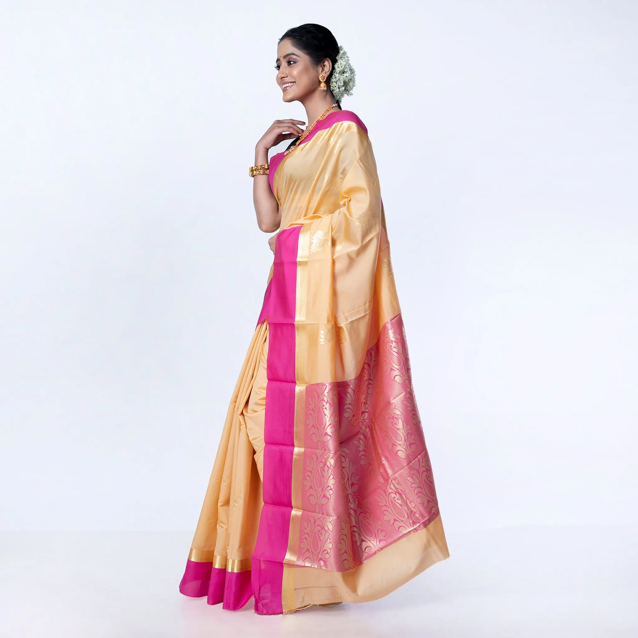 Women Kanjivaram Saree In Beige Color With Contravention Border And Zari Motifs