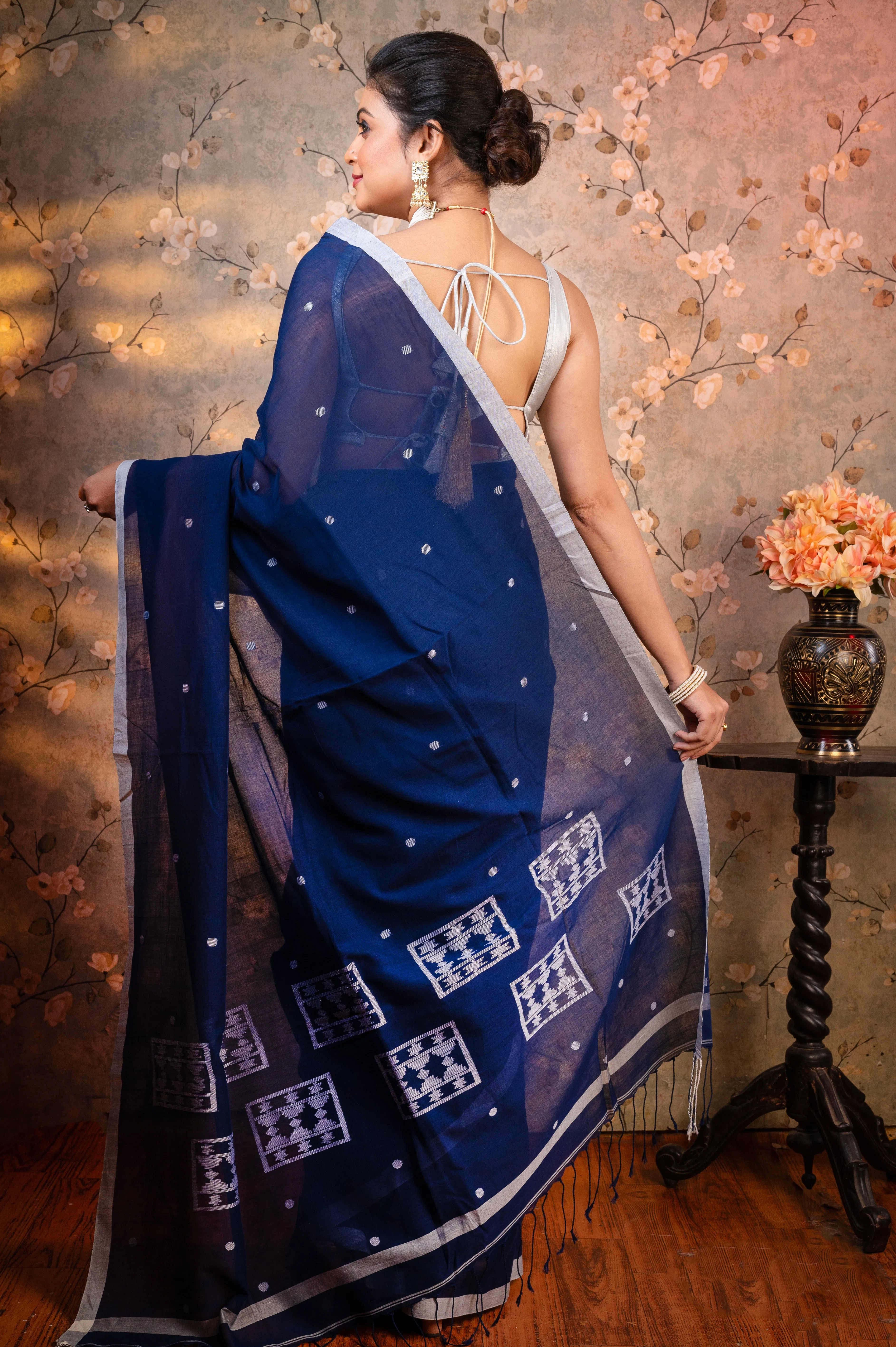 Women Navy Blue Pure Handloom Cotton Saree With Off-White Polka Dots And Border