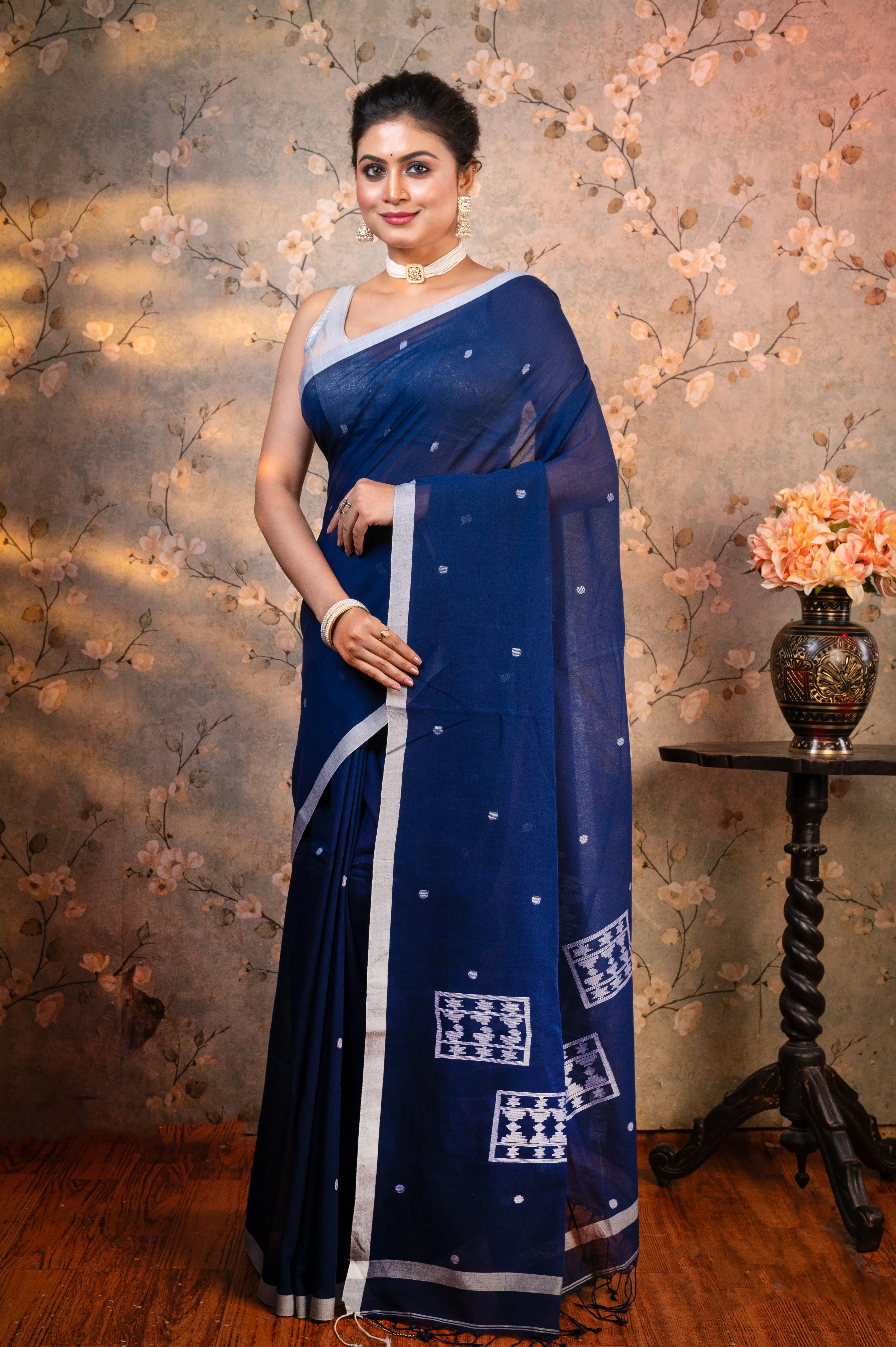 Women Navy Blue Pure Handloom Cotton Saree With Off-White Polka Dots And Border