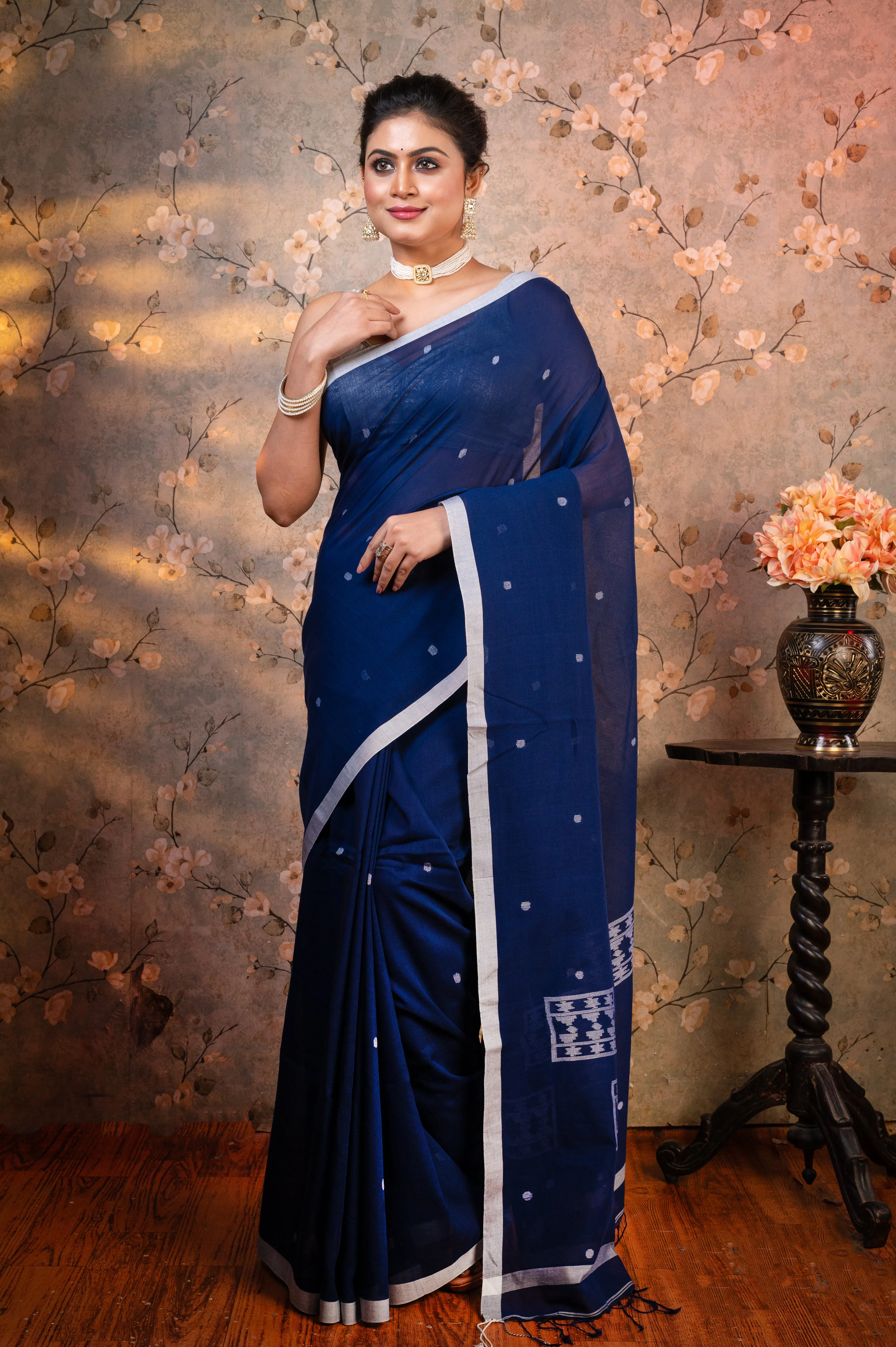 Women Navy Blue Pure Handloom Cotton Saree With Off-White Polka Dots And Border