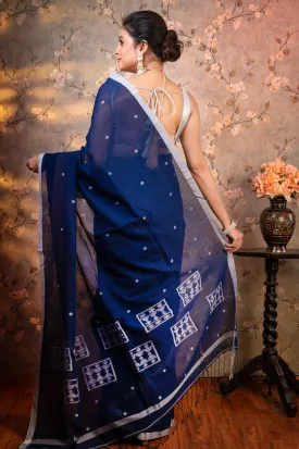 Women Navy Blue Pure Handloom Cotton Saree With Off-White Polka Dots And Border