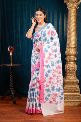 Women Off-White Pure Bagru Malmal Cotton Saree With Pink And Blue Flower Print