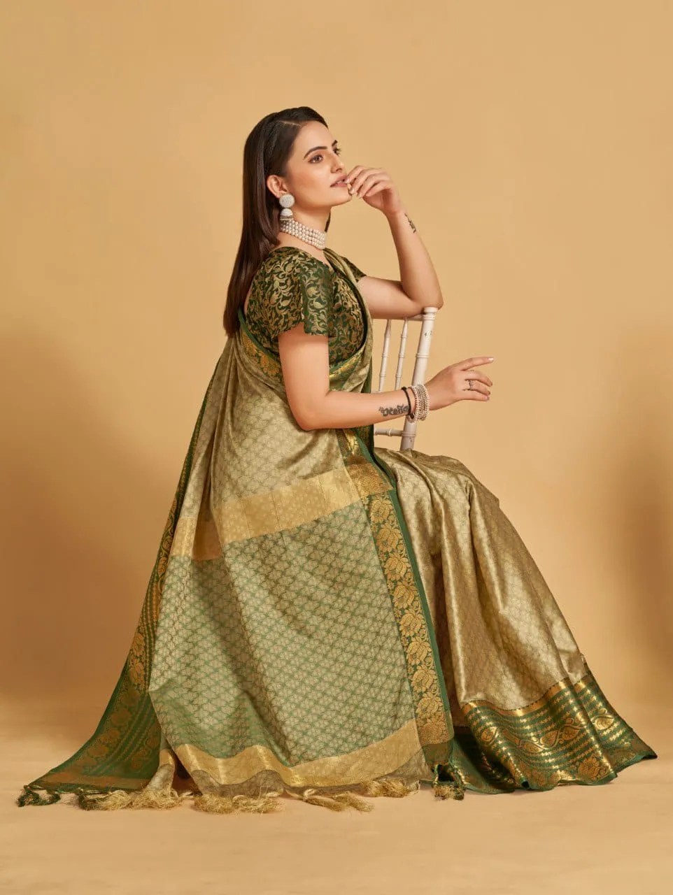 Women Party Wear Designer Beige Colour Banarasi Silk Saree Collection