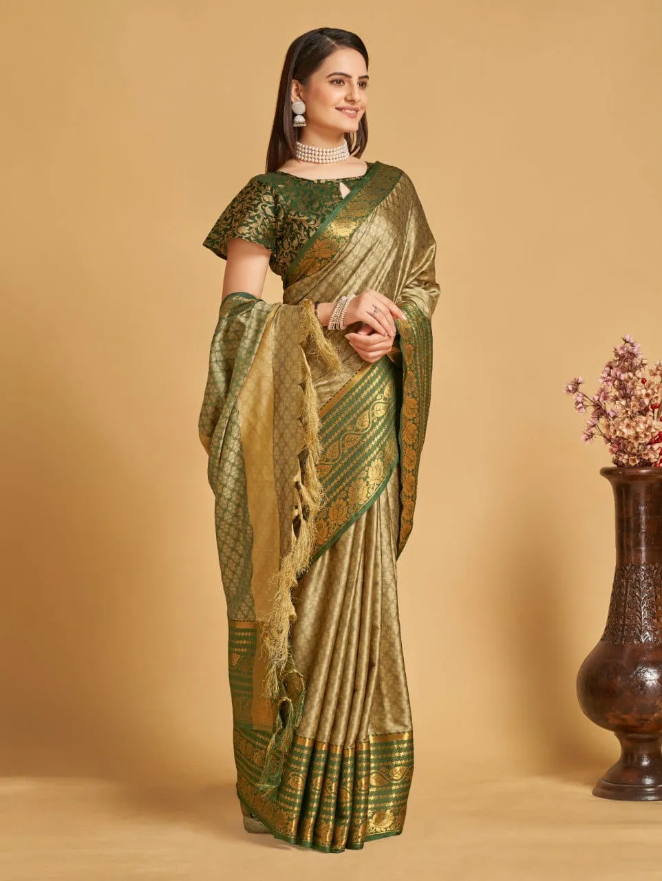 Women Party Wear Designer Beige Colour Banarasi Silk Saree Collection