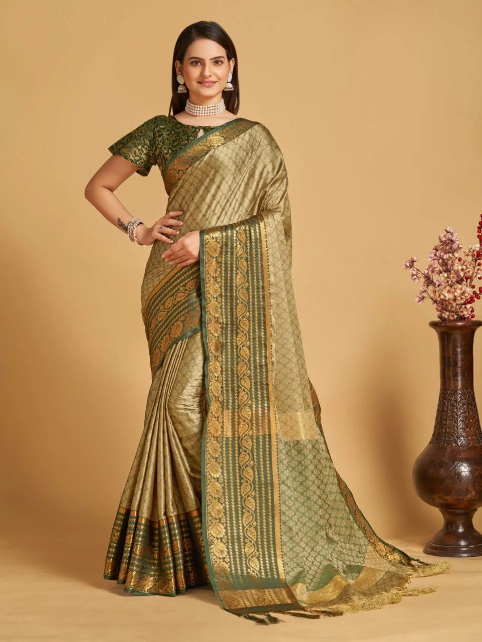 Women Party Wear Designer Beige Colour Banarasi Silk Saree Collection