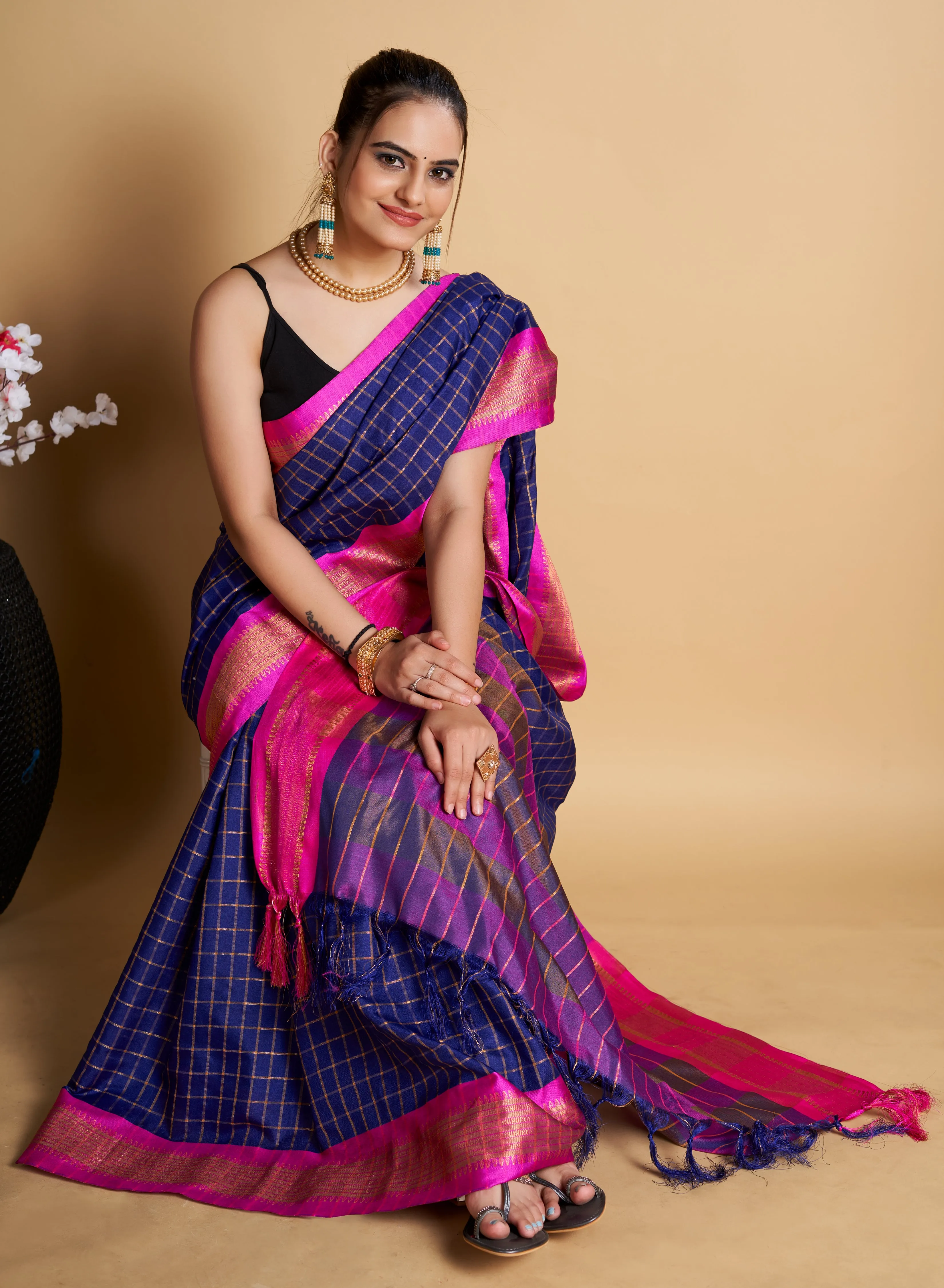 Women Party Wear Designer Blue Color Chex Pattern Silk Blend Saree Collection