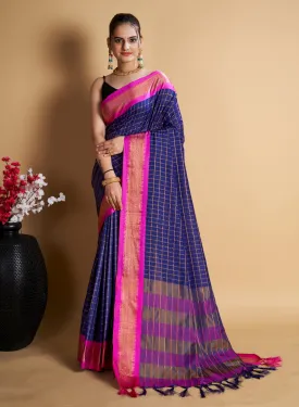 Women Party Wear Designer Blue Color Chex Pattern Silk Blend Saree Collection