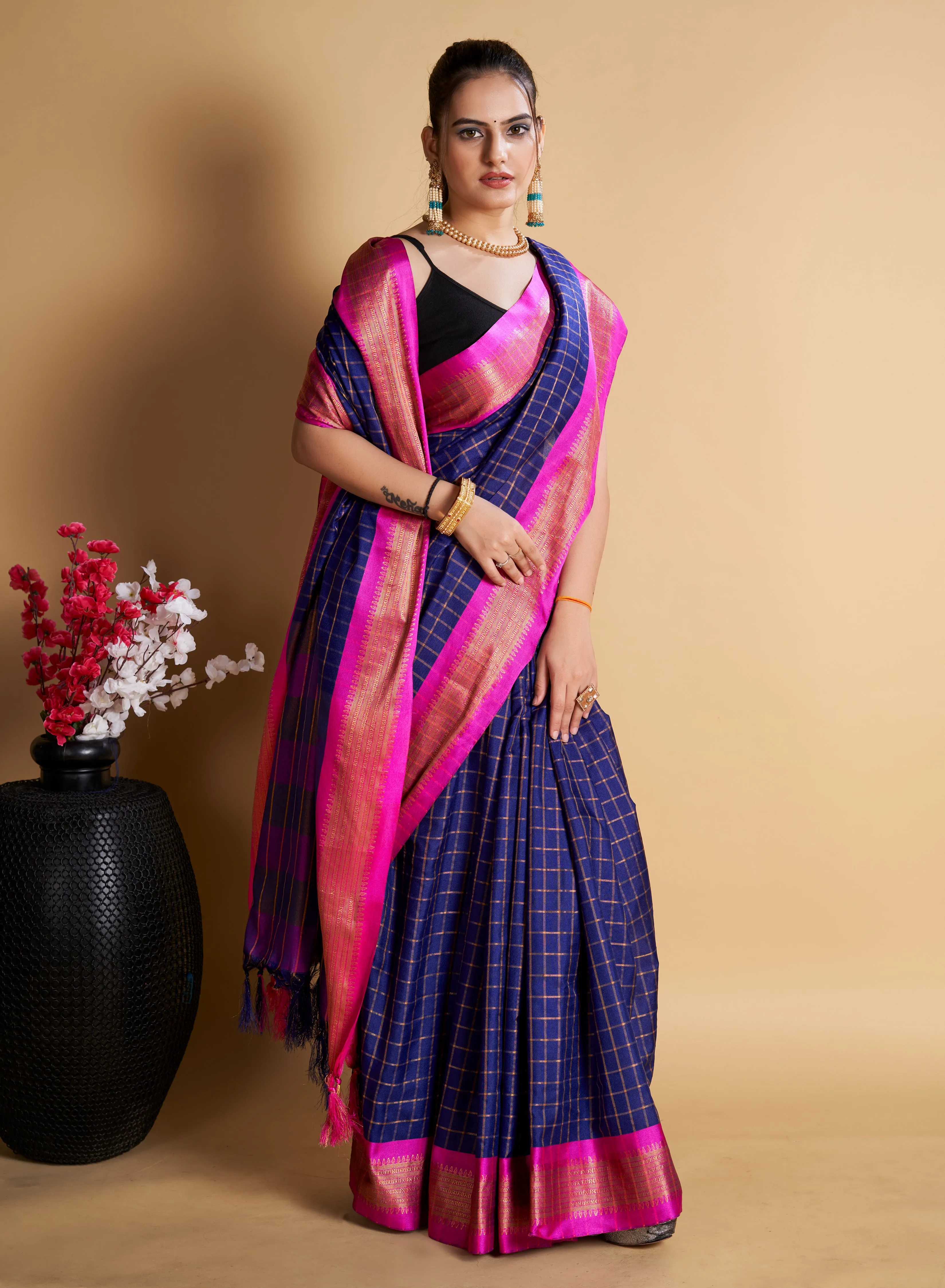 Women Party Wear Designer Blue Color Chex Pattern Silk Blend Saree Collection