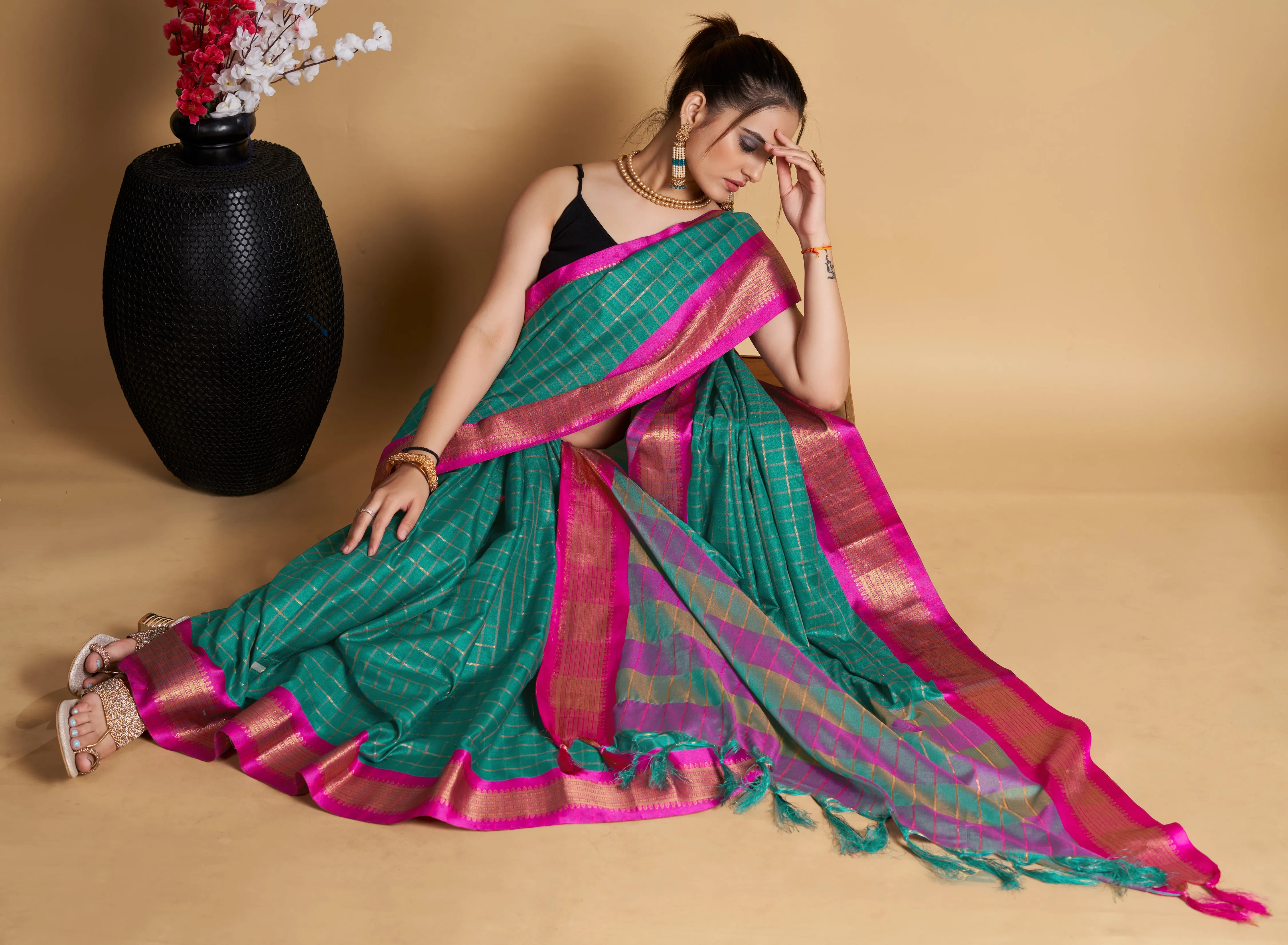 Women Party Wear Designer Light Green Color Chex Pattern Silk Blend Saree Collection