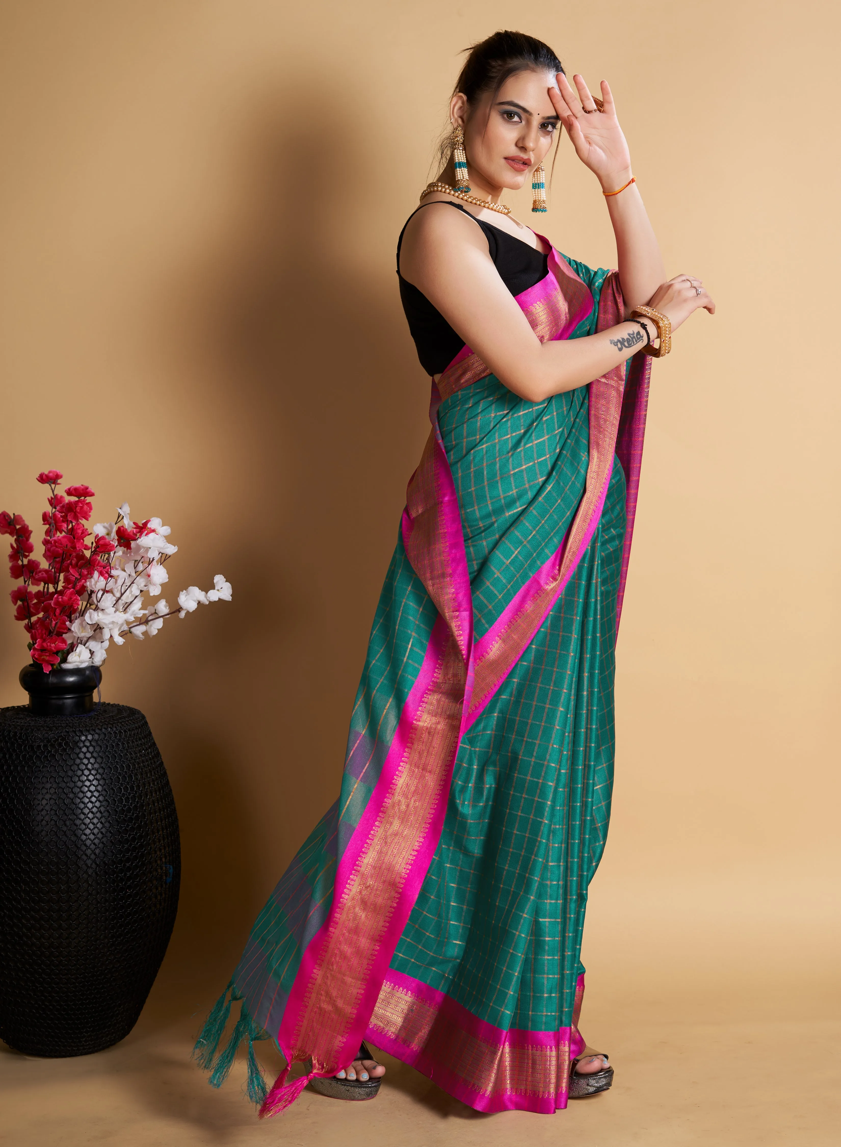 Women Party Wear Designer Light Green Color Chex Pattern Silk Blend Saree Collection