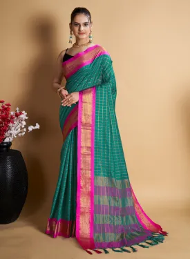 Women Party Wear Designer Light Green Color Chex Pattern Silk Blend Saree Collection