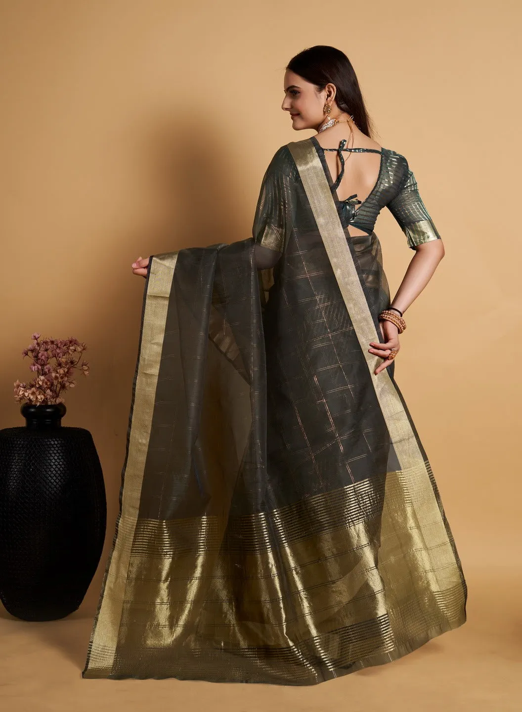 Women Party Wear Weaving Organza Silk Black colour Saree with Un-Stitched Blouse