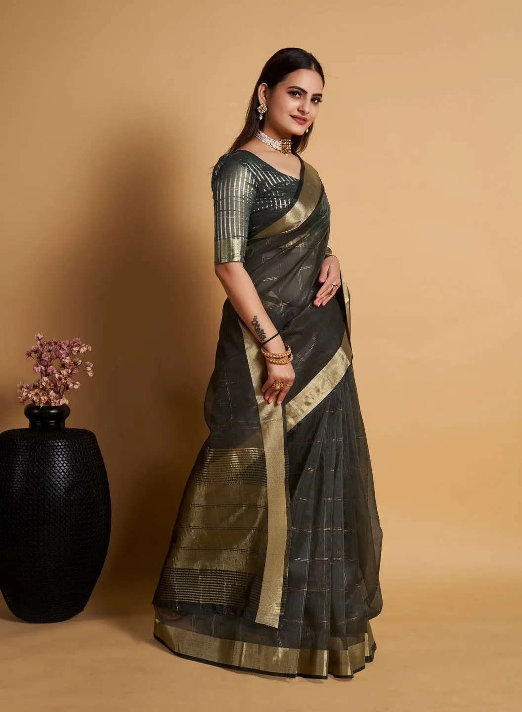 Women Party Wear Weaving Organza Silk Black colour Saree with Un-Stitched Blouse