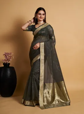 Women Party Wear Weaving Organza Silk Black colour Saree with Un-Stitched Blouse